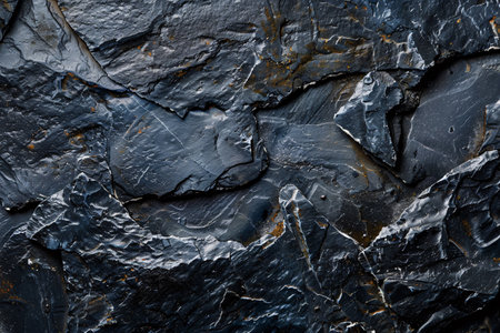 Stone texture. Beautiful stone texture. Textured layers of black slate with natural golden veins, showing geological complexity and rugged beauty.の素材