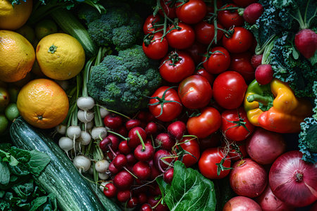 A vibrant display of fresh produce including tomatoes, broccoli, peppers, cherries, and onions.の素材