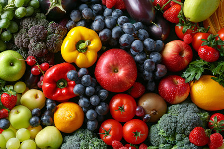 Vibrantly colored fruits and vegetables, including apples, grapes, tomatoes, and broccoli, are closely packed together, filling the frame.の素材
