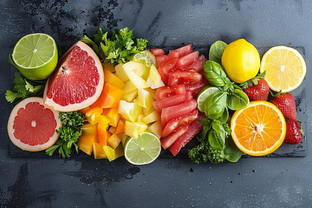 A vibrant display of assorted fresh fruits, including citrus and berries, arranged neatly on a dark background.の素材
