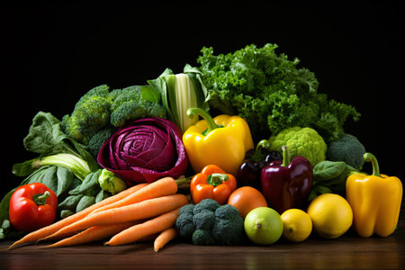 A vibrant display of fresh vegetables including carrots, bell peppers, and broccoli on a dark background.の素材