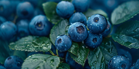 Close-up of ripe blueberries with water droplets on them, nestled among green leaves under soft lighting.の素材