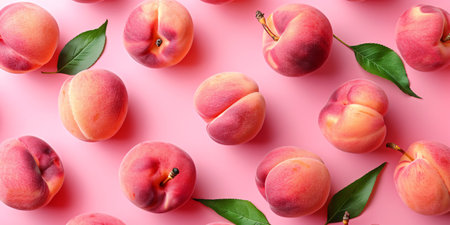 Numerous peaches with vivid hues and fresh leaves arranged on a soft pink background.の素材