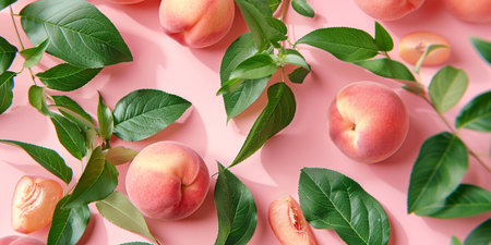 Multiple peach fruits with vibrant green leaves scattered on a soft pink background.の素材