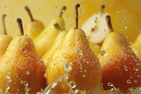 Multiple ripe pears with fresh water droplets, captured close up, create a vibrant and refreshing banner.の素材