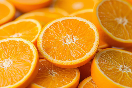 Vivid image showcasing multiple freshly sliced oranges closely packed, highlighting their juicy segments and vibrant orange color.の素材