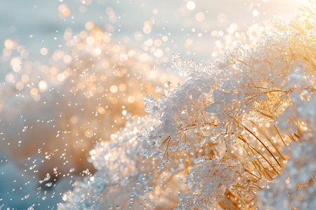 Golden sunlight illuminates icy branches, casting sparkling reflections and creating a warm, glowing winter scene.の素材