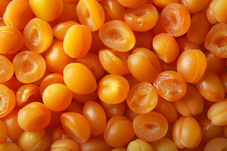 The image displays a close-up view of many fresh, juicy apricots. Some are whole while others are halved, showing their pits.の素材