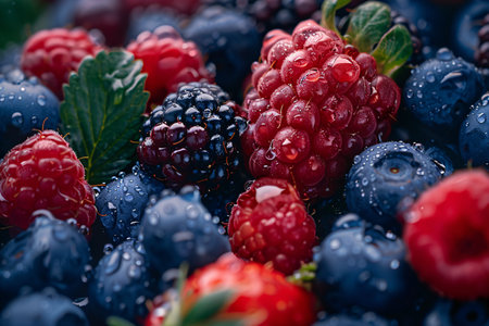 Close-up of various fresh berries with water droplets, including strawberries, blueberries, raspberries, and blackberries.の素材