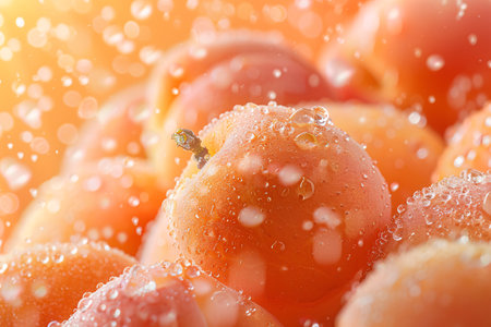 Close-up of fresh, wet apricots with water droplets, vibrant orange color and soft glowing background suggesting freshness and juiciness.の素材