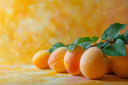 Fresh apricots with green leaves on a vibrant yellow textured surface, illuminated with a soft, glowing backdrop.の素材