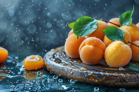 Fresh apricots with water droplets on a wooden surface, surrounded by a misty, blue ambiance.の素材