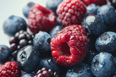 A close-up of fresh, dew-covered blueberries and raspberries against a light background.の素材