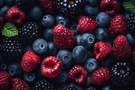 A close-up of various fresh berries, including raspberries, blueberries, and blackberries, richly detailed and vibrant in color.の素材