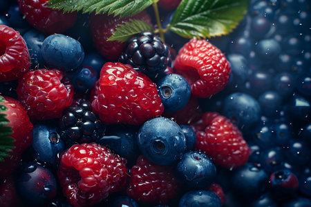 Close-up of various fresh berries including raspberries, blueberries, and blackberries, highlighted with water droplets.の素材