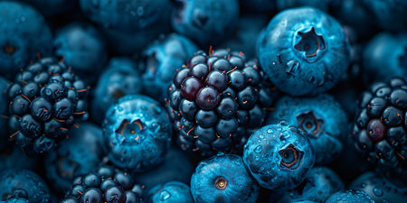 Close-up of various fresh berries, including blueberries and blackberries, with visible water droplets enhancing their texture and colors.の素材