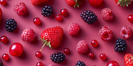 Colorful arrangement of raspberries, blackberries, and a large strawberry on a vibrant red background.の素材