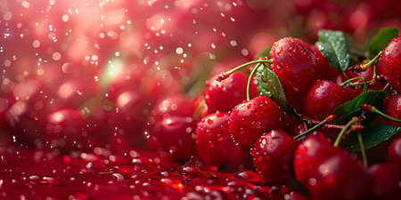 Close-up of lush, ripe cherries with water droplets, highlighted by a vibrant, sunlit background, creating a fresh and juicy scene.の素材