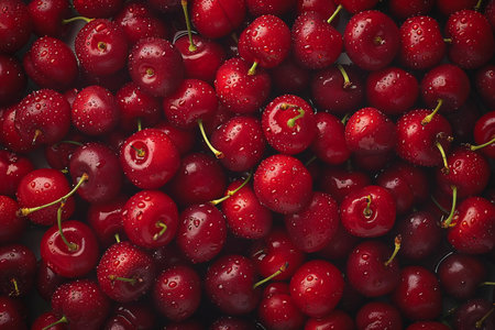 A close-up of fresh, ripe cherries covered in water droplets, densely packed and filling the frame completely.の素材