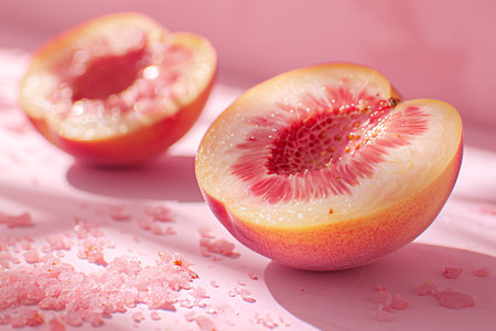 Close-up of a fresh peach cut in half, revealing a vibrant red center, sprinkled with pink salt on a pink surface.の素材