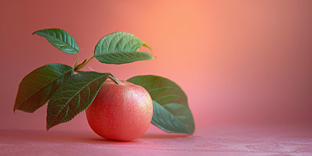 A single, dew-kissed peach with lush green leaves against a soft peach-colored background.の素材