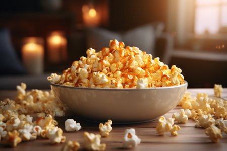Bowl with tasty popcorn on wooden table in room, closeupの素材