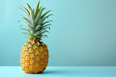 A ripe pineapple stands on a turquoise surface against a matching turquoise background, highlighting its vibrant yellow and green colors.の素材