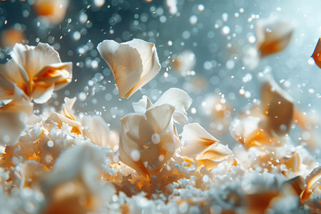A close-up image of delicate white flowers surrounded by small, floating bubbles in a dreamy, underwater-like environment.の素材