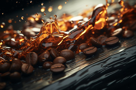 Close-up of coffee beans and splashing liquid coffee, highlighting texture and motion on a dark background.の素材