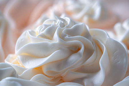 Close-up of soft, creamy swirls of white and light pink whipped cream, showing intricate texture and delicate folds.の素材