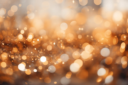 A close-up image featuring a crowd of shimmering, golden light bokeh on a soft, blurry background.の素材