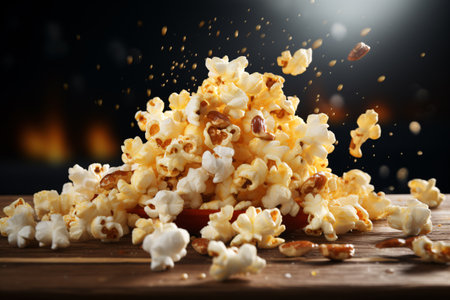 A pile of popcorn with caramel drizzles explodes energetically on a wooden surface against a dark, blurred background.の素材
