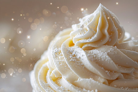 Close-up of a swirl of creamy white frosting dusted with powdered sugar, highlighted by soft, sparkling lights in the background.の素材
