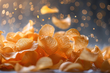 Close-up of golden potato chips scattered artistically with a shimmering bokeh background, emphasizing texture and light play.の素材