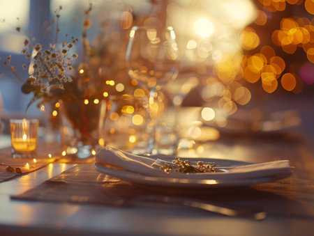 Table set for fine dining in restaurant with golden lights on background.の素材