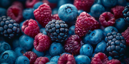 Close-up image of assorted berries including raspberries, blackberries, and blueberries with a vivid, colorful backdrop.の素材