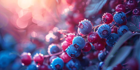 Close-up of dew-covered berries in vivid red and blue hues illuminated by soft sunlight, surrounded by lush green foliage.の素材