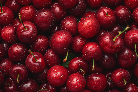 Close-up view of fresh, wet cherries covering the entire image, with drops of water on their glossy skin.の素材