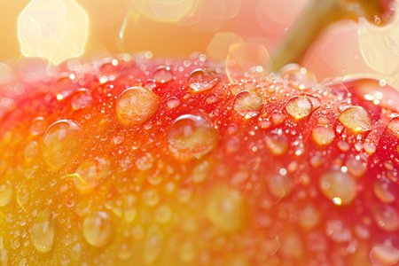 Close-up of a dew-covered peach with vibrant red and orange hues, highlighting water droplets and a soft, textured surface.の素材