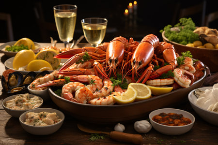 A feast featuring lobsters, shrimp, and various seafood dishes on a wooden table, accompanied by wine and candlelight.の素材