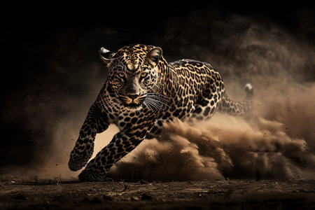 High-speed photography captures a leopard running in the dark, dust trailing, with obvious motion blur and dynamic pose.の素材