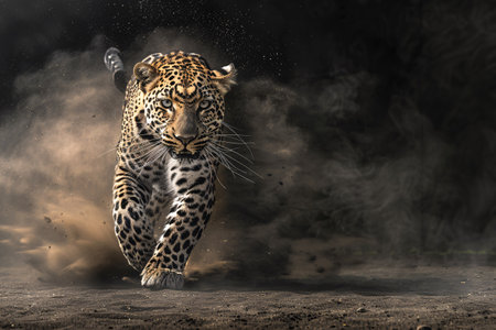 Leopard charging towards the viewer in low light, motion blur and dust evident, with detailed fur texture and dynamic posture.の素材