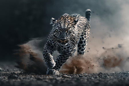 Leopard running fast in the dark, dust flying, motion blur visible, low light, dynamic pose.の素材