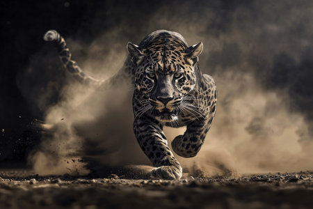 High-speed photography captures a panther running fast in the dark, with dust and motion blur.の素材