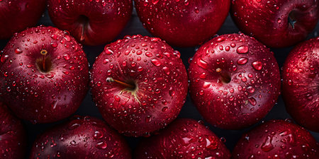 Red apples with water drops on black wooden background. Top view.の素材