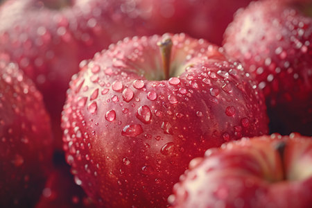 Fresh red apples with water drops close up. Healthy food background.の素材