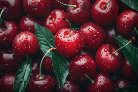 Ripe red cherries with green leaves on a dark background.の素材