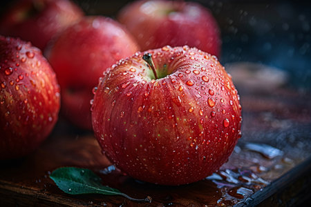 Fresh red apples with water drops on wooden background. Selective focus.の素材