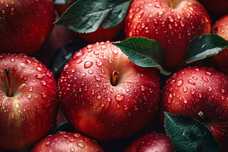 Fresh red apples with water drops on wooden background. Top view.の素材