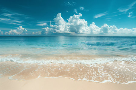 Tranquil beach scene with clear blue water, puffy clouds, and gentle waves on sandy shore.の素材